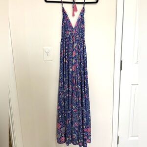 NWT Made in India Blue Floral Maxi Dress with Pink Accents